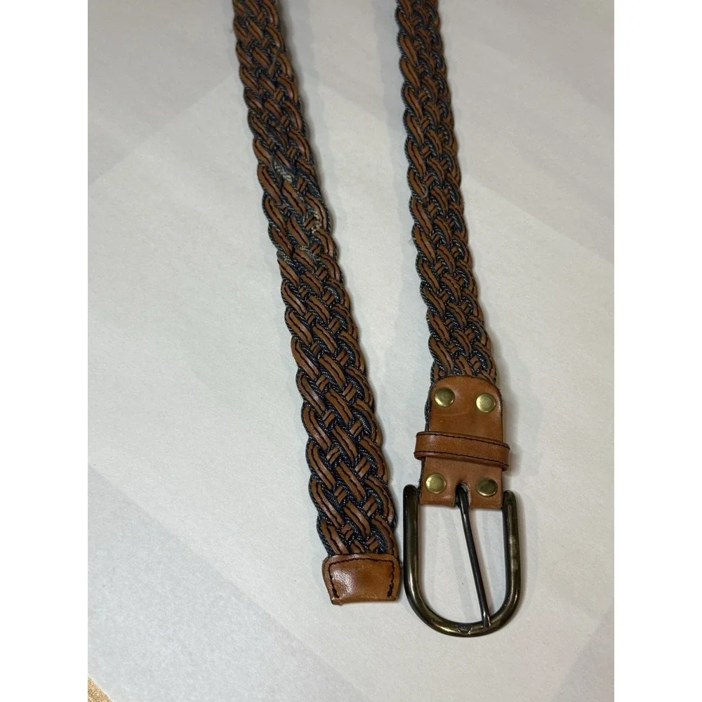 Vintage Mens Denim Blue and Brown Braided Leather Belt  Woven 34